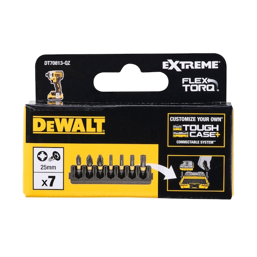Front view of a DEWALT DT70813 Extreme FlexTorq bit set packaging. The box is black and yellow and shows seven 25mm screwdriver bits, information about compatibility with the Tough Case+ connectable system, and product branding.
