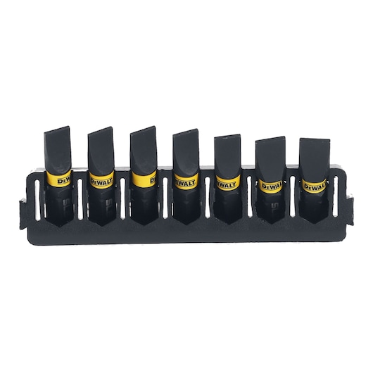 DEWALT set of eight black slotted screwdriver bits in a holder, arranged in a row.