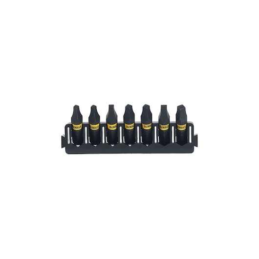 DEWALT set of seven black screwdriver bits in a holder, arranged in a row for easy storage and access.