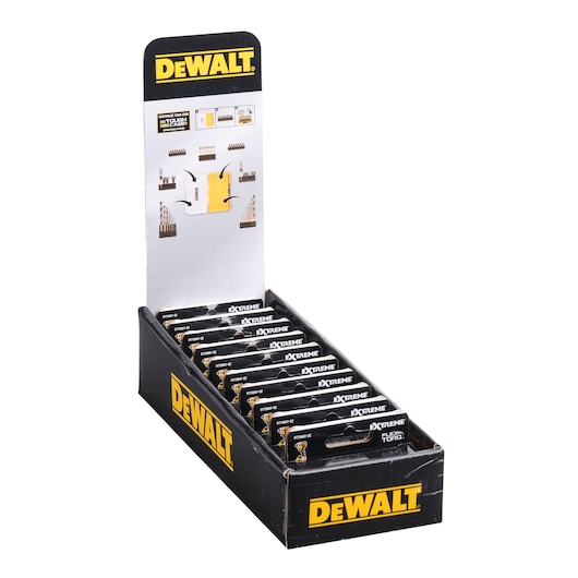 A display box containing multiple packs of DEWALT Extreme FlexTORQ screwdriver bits, with prominent DEWALT branding in yellow and black on the box and header.