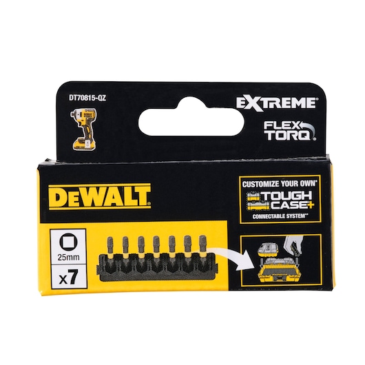 Front view of a DEWALT branded box for EXTREME FlexTorq screwdriver bits, model DT70815, containing seven 25mm bits compatible with the ToughCase+ connectable system.