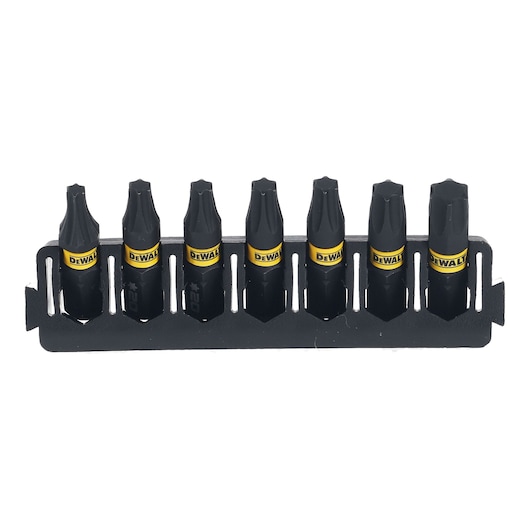DEWALT set of seven black screwdriver bits in a holder, arranged in a single row, each bit labeled with yellow.