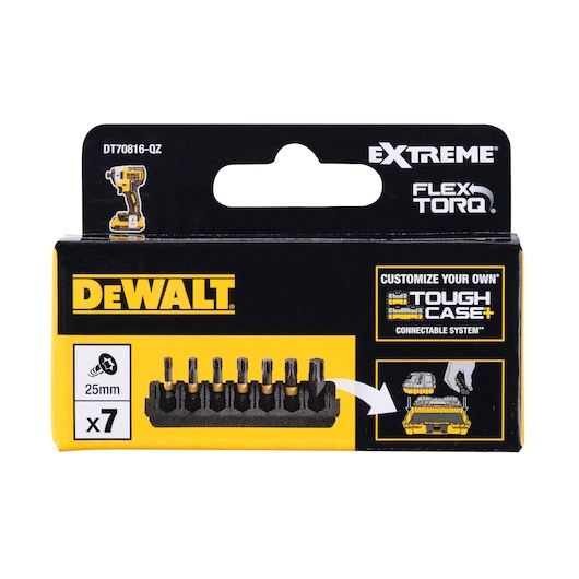 Front view of a DEWALT DT70816 FLEXTORQ Extreme ToughCase+ set, showing a yellow and black box containing 7 screwdriver bits of 25mm length. The packaging highlights the customizeable and connectable ToughCase+ system.