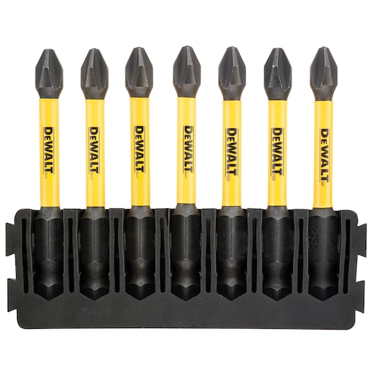 Six DEWALT screwdriver bits with yellow shafts in a black holder, arranged vertically for easy access.