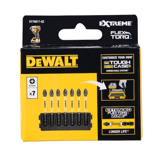Front view of a DEWALT DT70817 Extreme FlexTorq screwdriver bits set. The package contains 7 screwdriver bits (57 mm) and features branding and information about the ToughCase+ connectable system and extended FlexTorq zones for longer life.