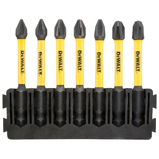 Six DEWALT screwdriver bits in a black holder, yellow shafts, arranged upright for easy access.