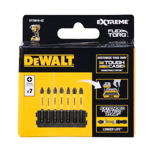 Front view of a DEWALT DT70818 screwdriver bit set package. The box is mainly yellow and black, showing seven PH2 bits (57mm) displayed in a holder. Text promotes features like EXTREME FlexTorq, customizable ToughCase, extended FlexTorq zone for longer life, and connectable system.