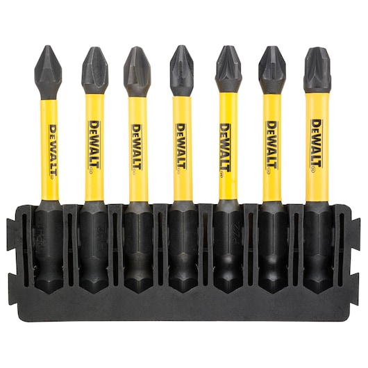 DEWALT set of six yellow and black screwdriver bits in a black holder.