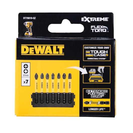 Front view of a DEWALT DT70819 FlexTorq Extreme 7-piece screwdriver bit set in a yellow and black package, showing the bits, product branding, and features like ToughCase+ connectable system and extended life.