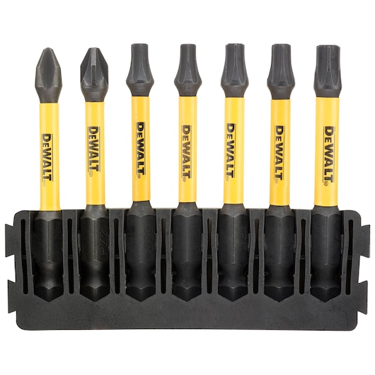 DEWALT screwdriver bit set with six yellow and black bits in a plastic holder.