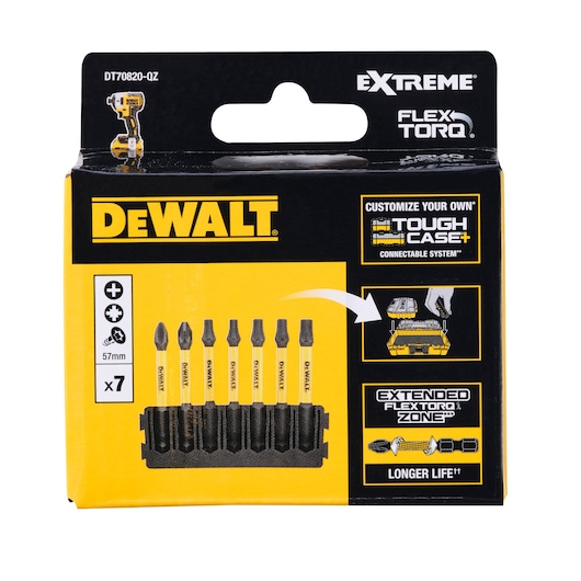 Front packaging of a DEWALT DT70820 Extreme FlexTorq bit set, showing seven 57mm screwdriver bits in a holder. The box highlights features such as customizable ToughCase+ connectable system and Extended FlexTorq Zone for longer bit life.