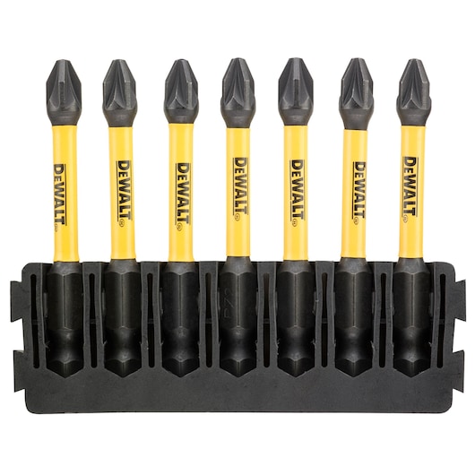 Set of six DEWALT screwdriver bits with yellow shafts in a black holder, arranged upright side by side.