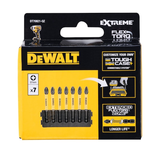 Front view of DEWALT DT70821 FLEXTORQ EXTREME screwdriver bit set packaging, showing seven 57mm bits in a holder. The box prominently features the DEWALT logo, product details, and highlights of customization options and FLEXTORQ technology.