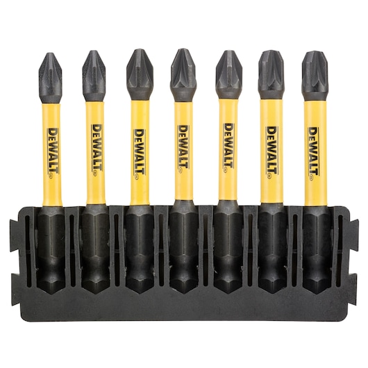 DEWALT set of seven yellow screwdriver bits in a black holder, displayed upright for photography.