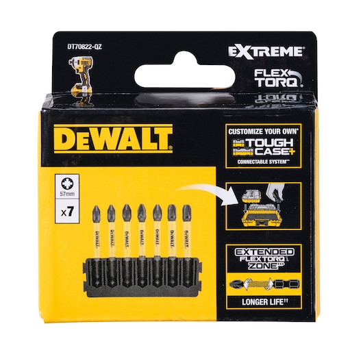 Front view of a DEWALT DT70822-QZ Extreme FlexTorq package containing 7 screwdriver bits, each 57mm long. The box is mainly yellow and black, showcasing the DEWALT logo, product features like ToughCase connectable system and Extended FlexTorq Zone for longer bit life.