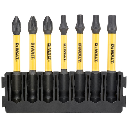 DEWALT set of six screwdriver bits with yellow shanks in a black holder, displayed upright against a white background.