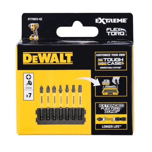 Front view of a DEWALT DT70823-QZ Extreme FlexTorq bit set packaging. The package displays seven screwdriver bits mounted in a holder, with the DEWALT logo prominently featured. The packaging highlights features such as customizable Tough Case+ connectable system and Extended FlexTorq Zone for longer bit life.
