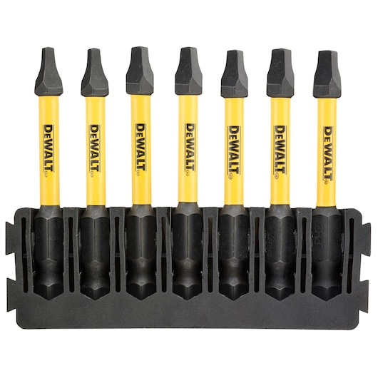 Six DEWALT screwdriver bits with yellow shafts in a black holder, displayed upright in a row.