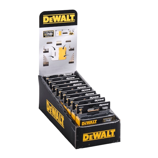 A display box containing multiple packs of DEWALT Extreme screwdriver bits, arranged vertically. The box is black and yellow with the DEWALT logo prominently featured.
