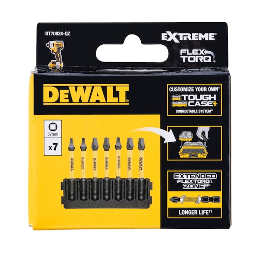 Front view of a DEWALT DT70824-QZ package containing seven 57mm screwdriver bits, presented in a black and yellow box. The packaging highlights features such as 'EXTREME', 'FLEXTORQ', customizable ToughCase+ connectable system, and extended FlexTorq zone for longer bit life.