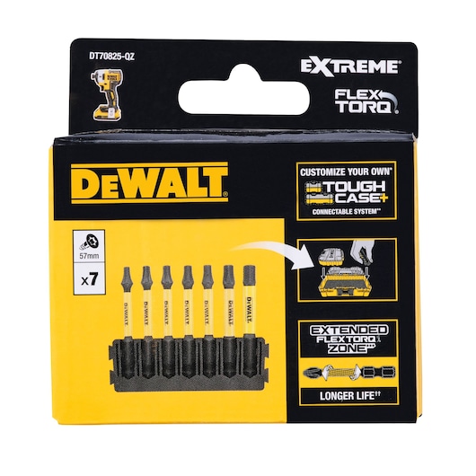 DEWALT DT70825 set of seven 57mm screwdriver bits in packaging. The box displays DEWALT branding, mentions EXTREME FLEXTORQ, highlights a customisable Tough Case connectable system, and promotes extended bit life.