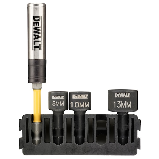 DEWALT socket set with magnetic bit holder and three metric sockets (8mm, 10mm, 13mm) in a black holder.
