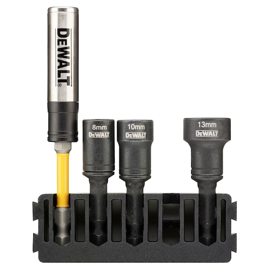 DEWALT socket adapter set with 8mm, 10mm, and 13mm sockets in a black holder, shown vertically.
