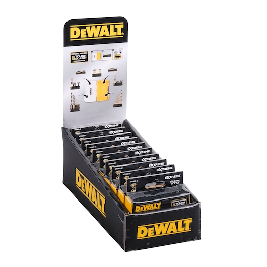 A display box of DEWALT Extreme FLEXTORQ drill and screwdriver bit sets, with multiple individual packages arranged upright. The display features the DEWALT logo in yellow and black, and shows various bit types and storage options on the header card.
