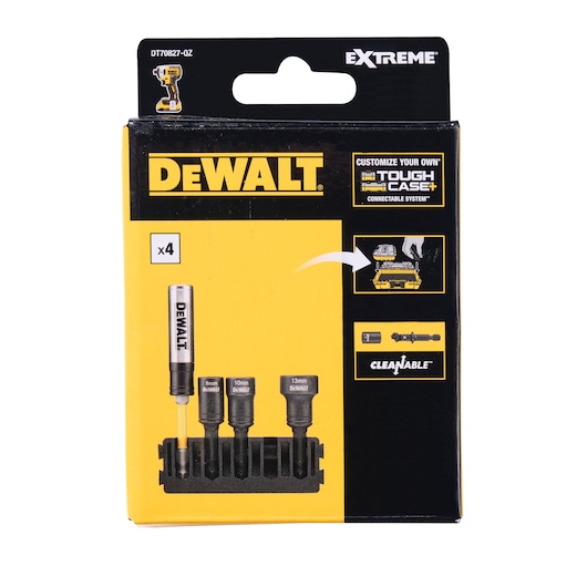 Front view of a DEWALT DT70827 packaging showing a set of four magnetic nut drivers with a holder. The packaging highlights features such as compatibility with the ToughCase+ connectable system and includes visual icons for case storage and cleanability.