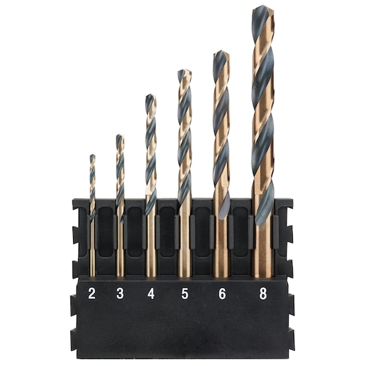 Set of six DEWALT metal drill bits in holder, sizes 2 to 8. Black and gold color, numbered slots.