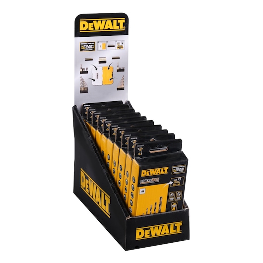 A retail display box holding multiple packs of DEWALT Black Gold drill bit sets, with distinctive yellow and black branding. The packages are standing upright and arranged in a neat row.