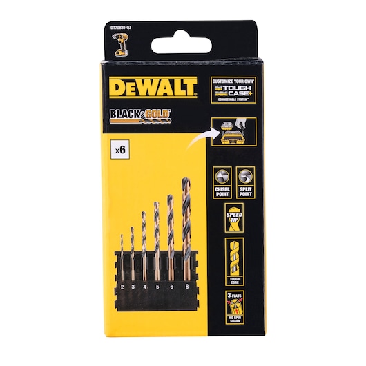 Front view of a DEWALT Black & Gold drill bit set packaging, model DT70828, containing six drill bits of varying sizes displayed in a holder. The box features product features such as chisel point, split point, speed tip, tough core, and no spin shank.