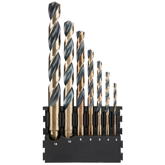 Set of eight DEWALT drill bits in a holder, arranged by size from 3 to 12 millimeters.