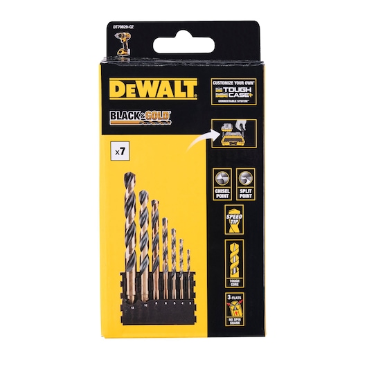 Front view of a DEWALT Black & Gold drill bit set, model DT70829. The packaging shows seven drill bits in various sizes arranged in a holder. The box highlights features such as chisel point, split point, speed tip, tough core, and no spin shank with three flats. Branding, product features, and a Tough Case customizable system are visible.