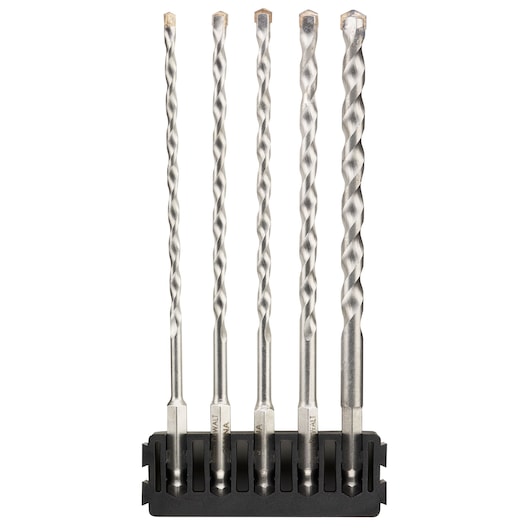 Five DEWALT masonry drill bits in a black holder, displayed upright and arranged by size.