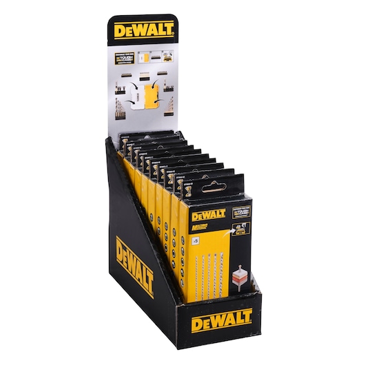 Display box containing multiple packs of DEWALT DT70830 drill bits, with yellow and black packaging and DEWALT branding prominently shown.