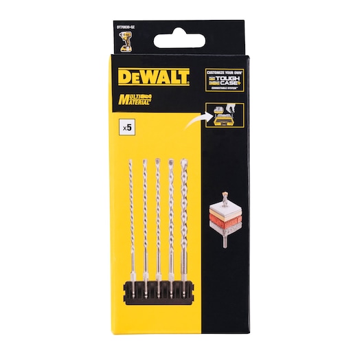 Front view of a DEWALT DT70830 multisize material drill bit set package containing 5 drill bits displayed in a holder, with branding and product illustrations on the yellow and black box.