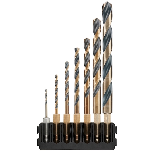 DEWALT drill bit set with seven bits of various sizes in a black holder, suitable for metal drilling.