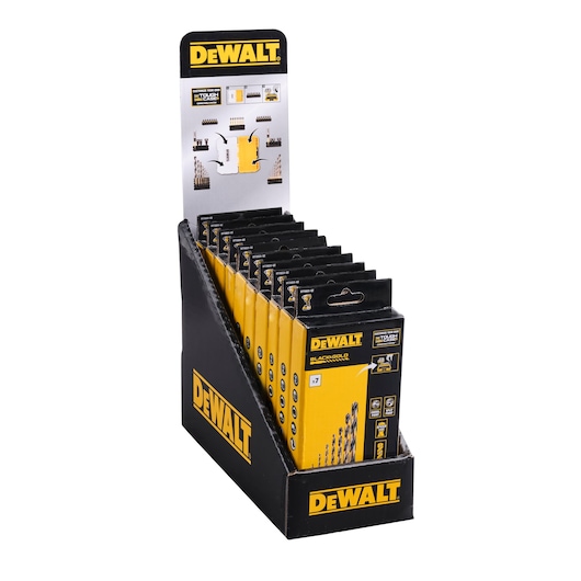 A display box containing multiple packs of DEWALT Black & Gold drill bits, arranged in a branded cardboard stand. The packaging is primarily yellow and black, featuring the DEWALT logo and images of drill bits on each pack.