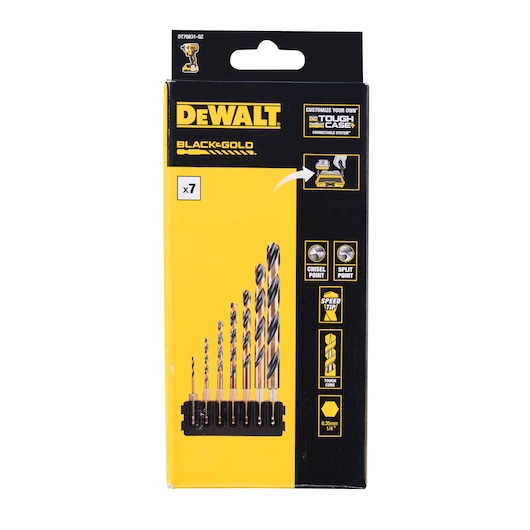 Front view of a DEWALT Black & Gold drill bit set (SKU DT70831), showing packaging with seven drill bits arranged in a holder. The box highlights features such as chisel point, split point, speed tip, tough core, and compatibility with the Tough Case system.