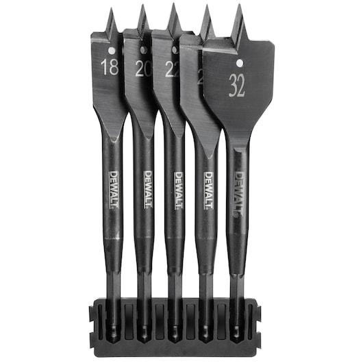 DEWALT flat drill bit set with five pieces in a black holder, sizes from 18mm to 32mm, for woodworking.