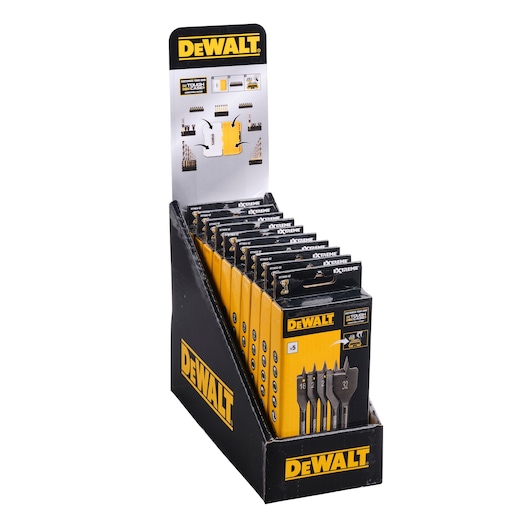 A display box of DEWALT drill bit sets, featuring multiple boxed sets with yellow and black packaging. The display is branded with the DEWALT logo and showcases spade drill bits on the front boxes.