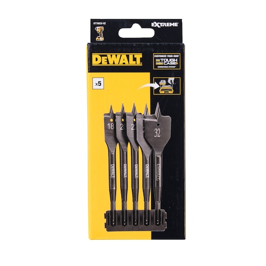 DEWALT DT70832 Extreme flat wood drill bit set, pack of five bits in sizes 18, 20, 22, 25, and 32 mm, shown in branded yellow and black packaging.