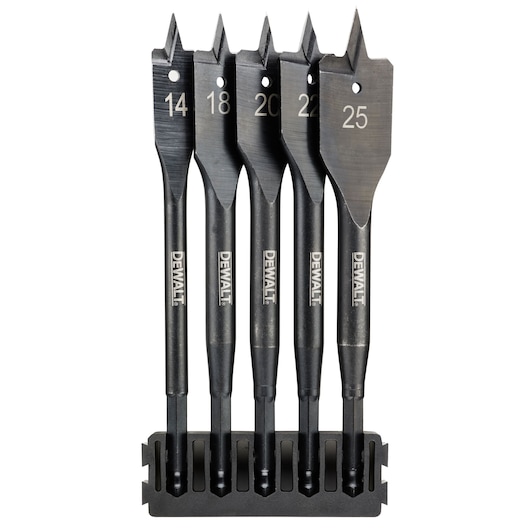 DEWALT set of five flat wood drill bits in holder, sizes 14-25mm, black metal finish.