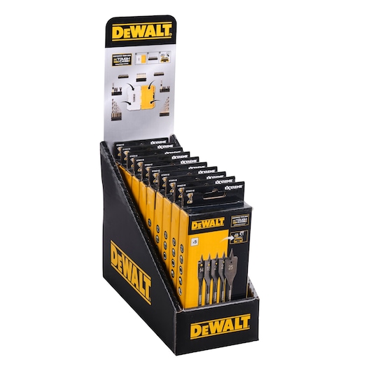 A black and yellow DEWALT branded display box containing multiple packs of DEWALT Extreme flat metal drill bits. The packaging shows images of the drill bits and their sizes, and the display box is intended for retail presentation.