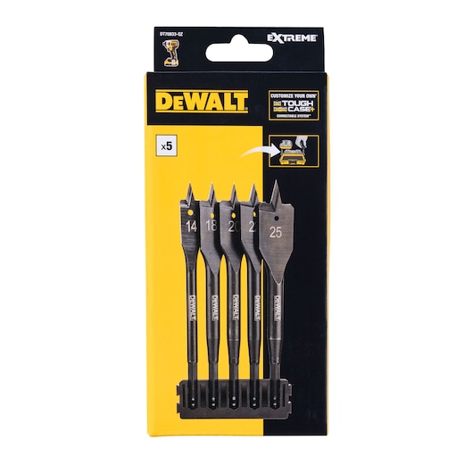 DEWALT branded packaging containing a set of five flat wood drill bits with sizes 14, 18, 20, 22, and 25 mm, displayed upright with a black and yellow color scheme.
