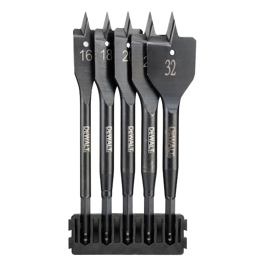 Five DEWALT flat wood drill bits in holder, sizes 16 to 32mm, suitable for woodworking tasks.