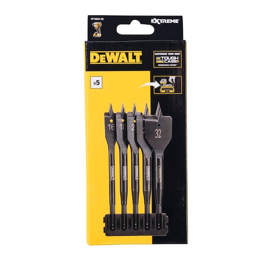 A yellow and black DEWALT branded package containing a set of five flat wood drill bits of different sizes, displayed vertically in the packaging. Product code DT70834 is visible at the top.