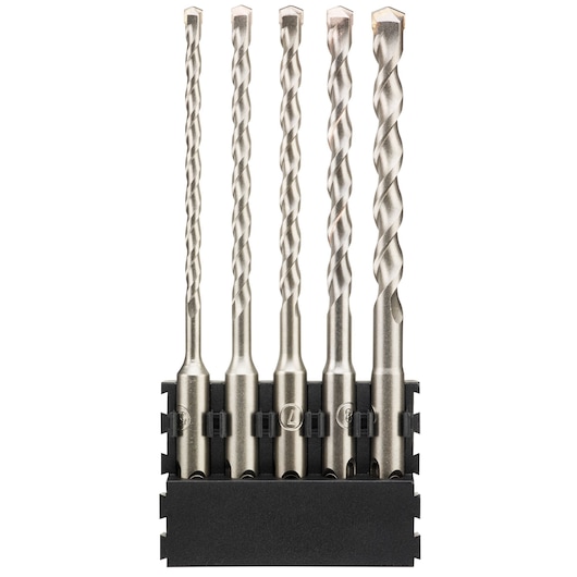 Set of five silver masonry drill bits in a black holder, arranged vertically and seen from the front.