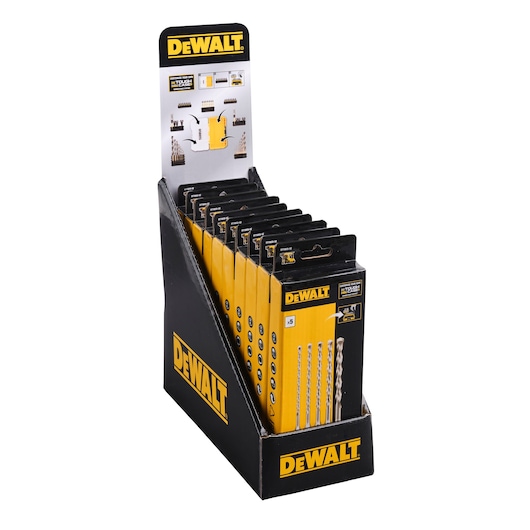 Display box containing multiple packs of DEWALT drill bits in yellow and black packaging, arranged upright for retail presentation.